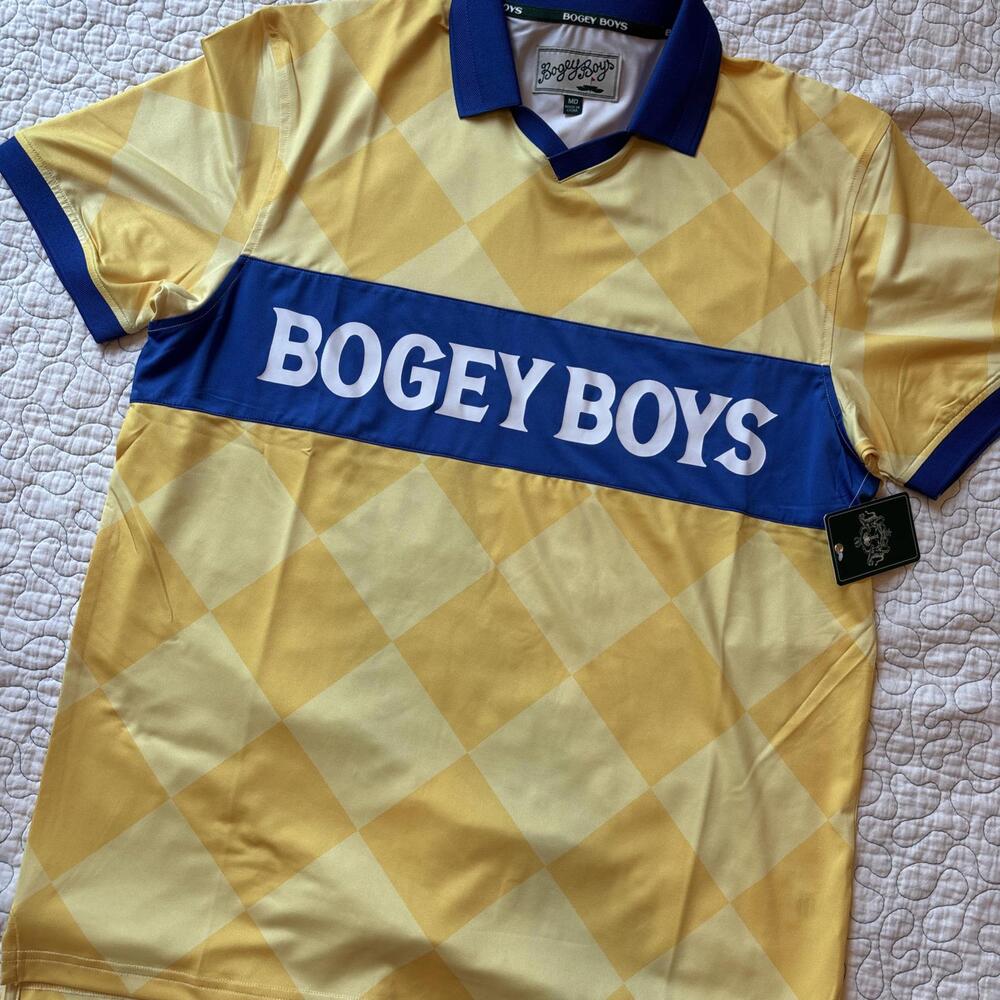Bogey‎ Boys mens size Medium Yellow and Blue Argyle Polo Shirt golf